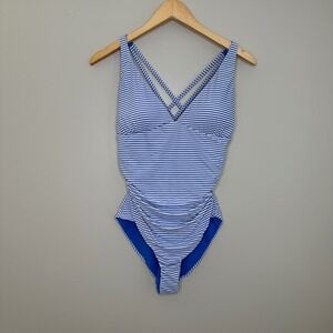 Niptuck Striped One Piece Reversible Swimsuit Crisscross Back Ruched‎ Blue White